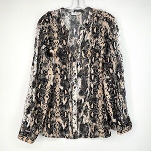 Calvin Klein Womens XXL Button Front Shirt Black Beige Snake Print 100% Linen LS